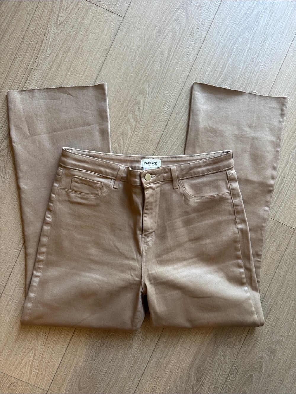 L'AGENCE Kendra High Rise Crop Flare Cappuccino Coated Jeans Size 32 - Picture 11 of 15
